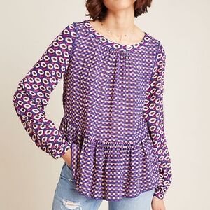 Maeve by Anthropologie Cheyenne Peplum Purple Mixed Print Blouse Size Small